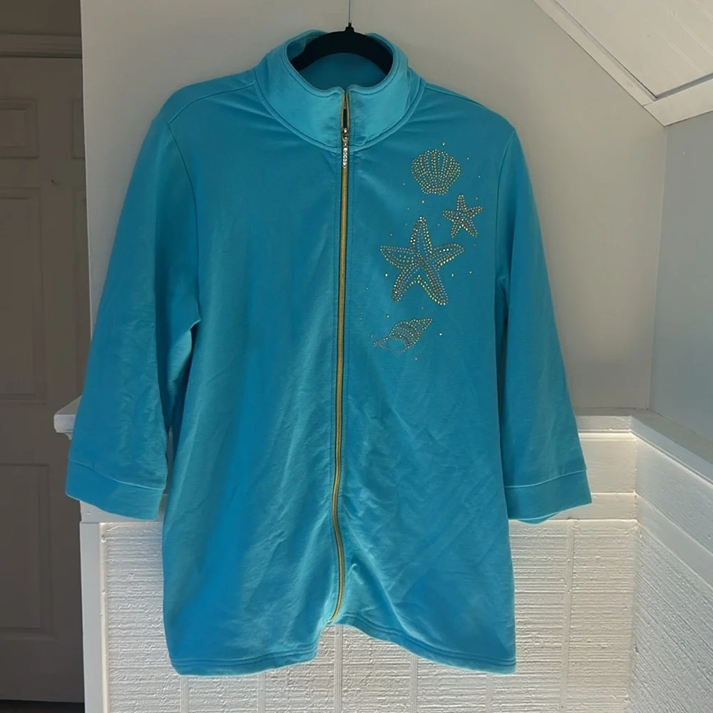The Quacker Factory Blue 3/4 Sleeve Jacket with Gold Sequin Starfish Medium